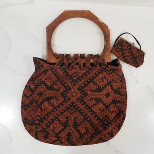 VTG Tapestry Handbag & Coin Purse Set Wooden Handle Boho Hippie Retro 70s - Picture 1 of 12