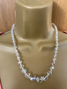 Vintage Aurora Borealis Faceted Glass small Bead Necklace crystal on clasp - Picture 1 of 16