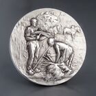 Ancien bas-relief médaille d'argent française, moissonneuses-batteuses, chevaux, signé Adolphe Rivet
