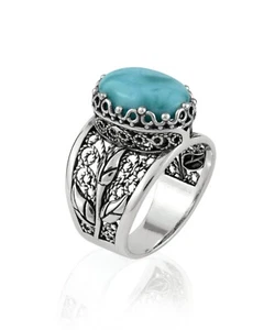 Anillo de cóctel de plata esterlina filigrana arte tulipán detallado piedras preciosas Larimar para mujer - Imagen 1 de 82