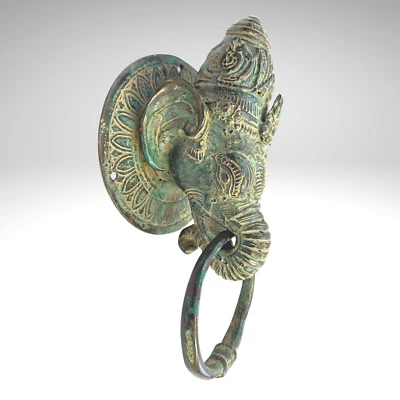 Ganesha Golpeador Puerta Manija Perilla Tire Cera Perdida Fundido Verdigris Bronce Bali Arte Foto 1 de 4
