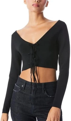 Blusa Top Western Alice + Olivia Sharee 2 Vías Recortada Talla S Negra Con Cordones Foto 1 de 4