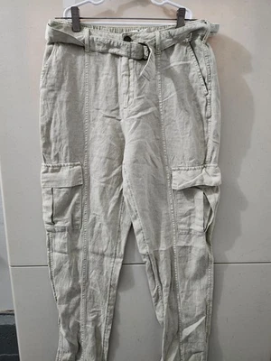Nicole Miller Pants Womens S Green Cargo Straight Linen Blend Belted Cuff Hem - Image 1 of 4