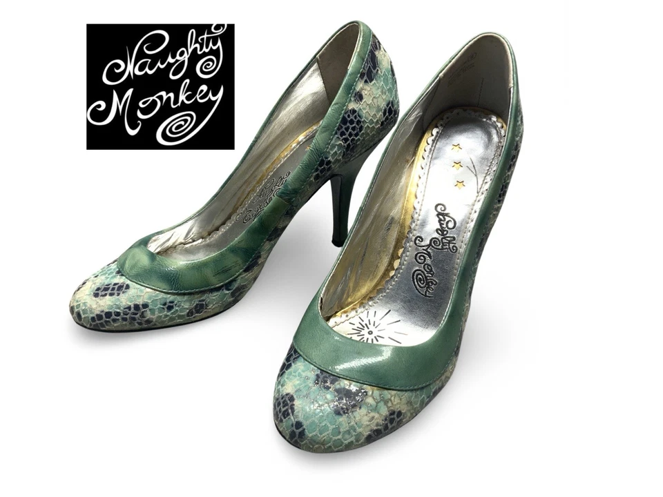  NAUGHTY MONKEY Snake Print Size 8.5 Leather High Heels Chain Belt Peep Toe - Image 1 of 4