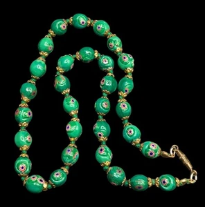 Vintage Italian Green Millefiori Glass Round Beaded Necklace 17" - Picture 1 of 9