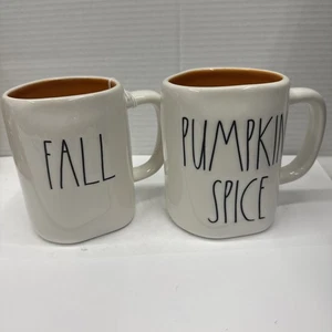 Set Rae Dunn Pumpkin Spice & Fall Y’all  Mugs  Artisan White Mugs Orange Inside - Picture 1 of 4