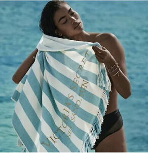 NWT Victoria's Secret Sea Sand Sun Stripe Cabana Beach Towel Teal 34 x 66 inches