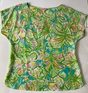 Lilly Pulitzer Womens Blouse Size M Elephant Ear Guava Silk Green Pink Blue Top - Picture 1 of 7