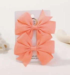 Peach Coral Hair Bow Clips Grosgrain Ribbon Pinwheel Bow Girl Hair Barrette Set - Picture 1 of 6