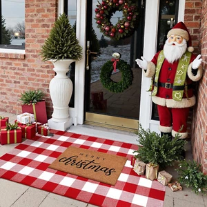Outdoor Christmas Mats for Front Door, Cotton Washable Buffalo Plaid Rug Reversi - Picture 1 of 7