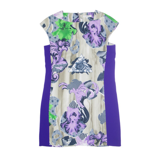Abito tubino VERSACE COLLECTION viola motivo pazzo lunghezza ginocchio donna UK 14