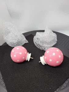 Set Of 2 Pottery Barn Kids Finials Pink White Polka Dot 2.5” Round - Picture 1 of 3