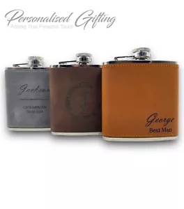 Personalised Leather Hip Flask 6oz Engraved Wedding Hipflask Groomsman Best Man - Picture 1 of 12