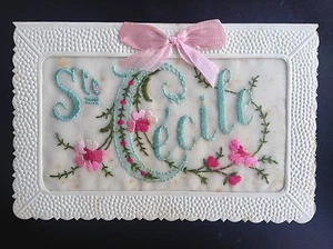 CP ancienne carte postale soie brodée Embroidered silk Fantaisie Ste Cécile - Picture 1 of 2