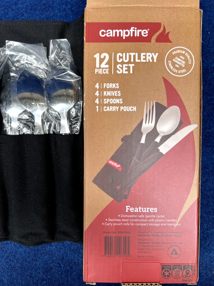 Juego de cubiertos Campfire 12 piezas TOTALMENTE NUEVO x4 tenedor, x4 cuchara, x4 cuchillo con bolsa de transporte Foto 1 de 4