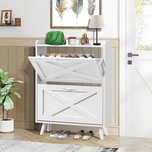 Shoe Cabinet Storage With 2 Flip Drawers, Freestanding Shoe Organizer - Picture 1 of 8