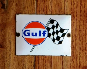 VINTAGE GULF RACING FLAG PORCELAIN SIGN 4-3/4" x 3-1/2" OIL LUBESTER GAS GARAGE - Picture 1 of 3