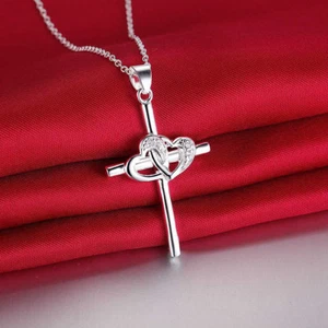 Multi-Stone Gorgeous Cross White Topaz Silver Necklace Pendant 3 5/8" With Chain - Picture 1 of 6