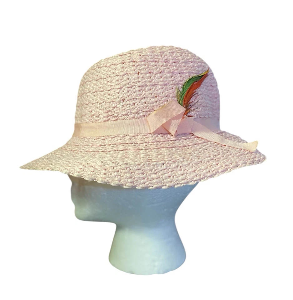Sombrero de paja rosa vintage para mujer con cinta y plumas de grosgrain a juego Foto 1 de 4