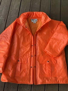 Vintage Duck Bay Mens Size XXL Orange Hooded PVC Fleece Lined Hunting Jacket - Picture 1 of 5