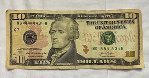 2013 SUPER! fancy binary $10 US bill paper money - 44444434 serial number - Picture 1 of 4