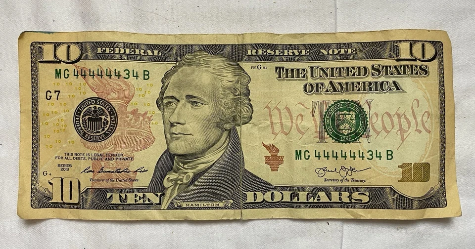 2013 SUPER! fancy binary $10 US bill paper money - 44444434 serial number - Image 1 of 4