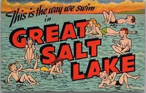 GREAT SALT LAKE Carta Grande LINO Postal "Esta es la forma en que nadamos" década de 1940 - Imagen 1 de 2