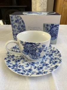 Mikasa Hampton Tea Cup and Saucer Set Gift Box, Porcelain, White/Blue, 2 Pieces - Picture 1 of 13