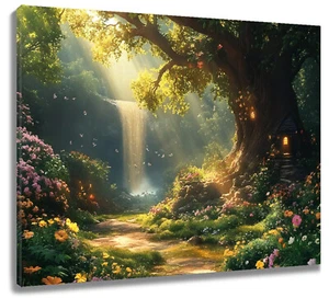 Yellow Floral Green Enchanted Forest Abstract Wall Art for Bathroom Living Room - Picture 1 of 15