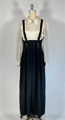 Винтажный 1990-х черный, кремовый атласной полоски фантазии подтяжка комбинезон Джеффри и Дара - Изображение 1 из 4