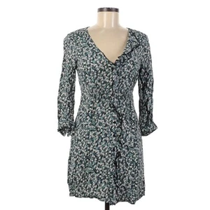UO Pins & Needles Blue Leaf Print Ruffle Button Front Dress Size Medium Rayon - Picture 1 of 12
