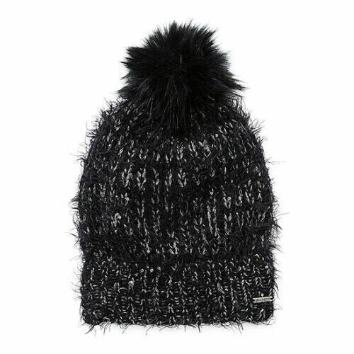 Skechers Faux Fur Pom Pom Beanie Rib Folded Cuff Black/silver One Size