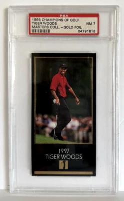 Tiger Woods 1997 Champions of Golf Grand Slam Masters Coll GOLD FOIL RC ~ PSA 7 - Image 1 of 2