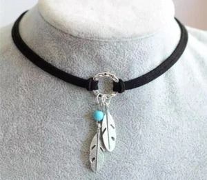 Soft Leather Black Choker Necklace w/ Feather Charms, Bohemian Boho Festival NEW - Picture 1 of 4