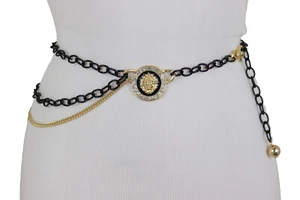 Mujer Negro Cadena Metal Moda de Noche Fiesta Cinturón Ola Oro León Dije XS S M - Imagen 1 de 12