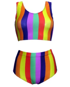 Arco Iris Multi Rayas Rayas Top Corto Chaleco Bikni Parte Inferior Co-ord Conjunto Doble Festivo - Imagen 1 de 2