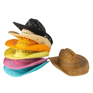 Summer Beach Party Cowboy Hat Wide Brim Cowboy Straw Hat Hollow Out Sun Cap - Picture 1 of 17
