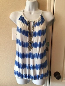 INC International Concepts Blue Tie-Dye Beaded Sequin Key Hole Halter Tank XS - Picture 1 of 2