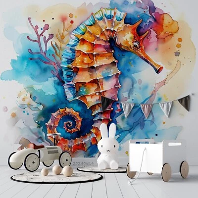 Murales de papel tapiz extraíbles autoadhesivos acuarela coral caballito de mar 3D 12 Foto 1 de 4