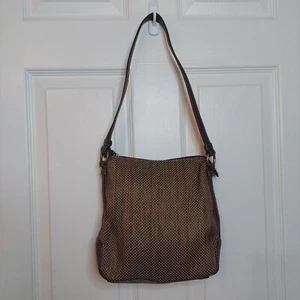 Fossil Vintage 80s Brown Woven Raffia Shoulder Bag Leather Strap Bohemian Hippie - Picture 1 of 12