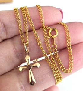 Vintage Signed Germany Cross Aluminum Gold Tone Pendant Necklace 18" Spring Ring - Picture 1 of 6