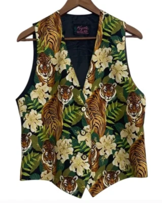 Vintage Waistcoat Womens XS Oversized Tiger Print Floral 90s Vest Handmade Foto 1 de 4
