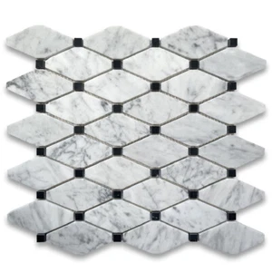 C831XH Carrara White Marble Long Octave Rhomboid Mosaic Tile Black Dots Honed - Picture 1 of 6