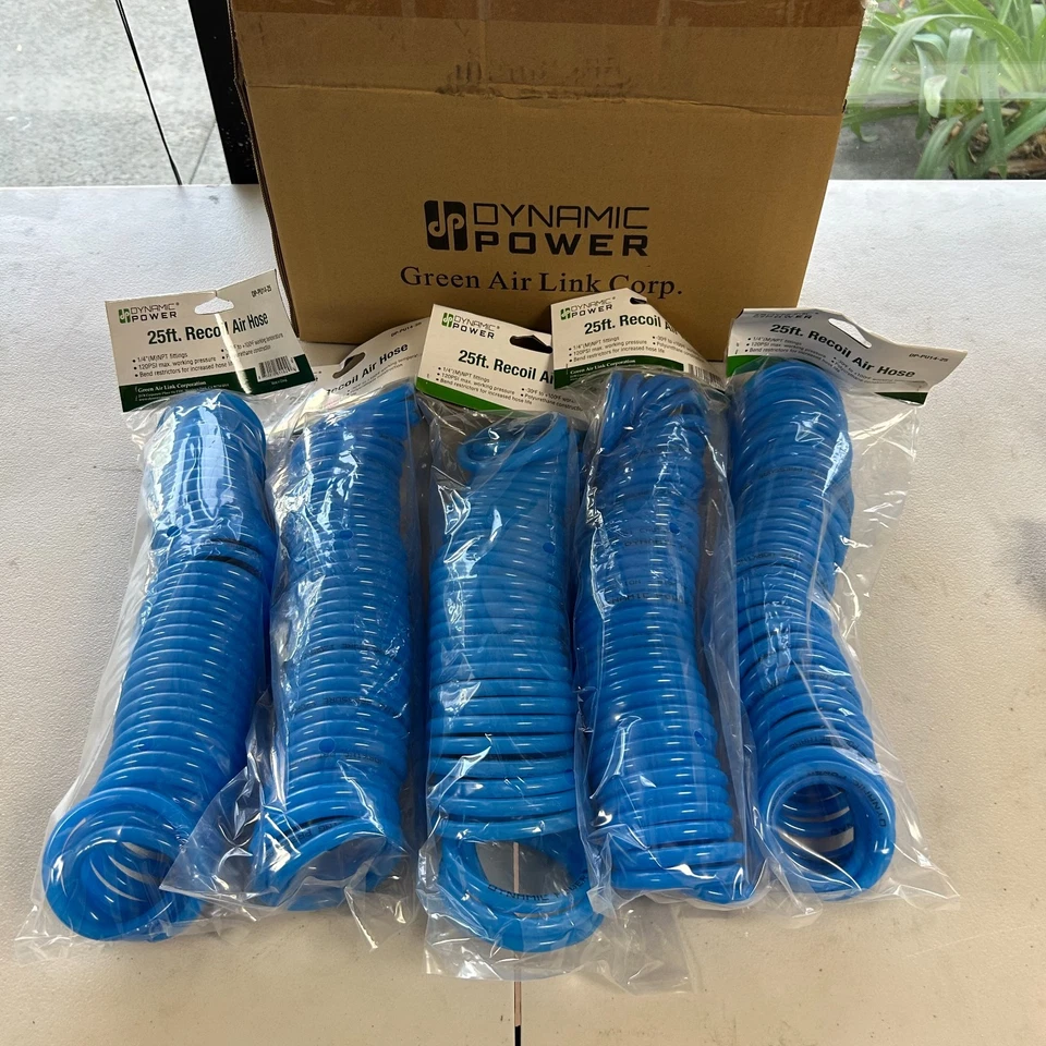 DYNAMIC POWER [5 Pack] 25 Feet PU Recoil Air Hose With 1/4" MNPT Swivel Ends
