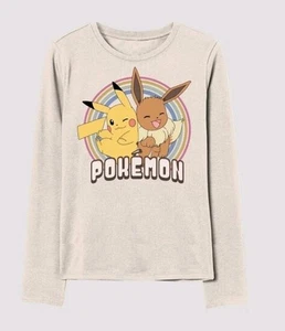 Girls' Medium Pokémon Pikachu and Eevee Long Sleeve Graphic T-Shirt - Ivory  - Picture 1 of 3