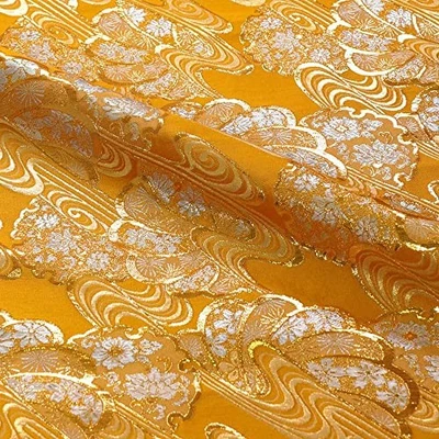 Kyoto Nishijin Brocade Kimono obi Fabric 28x20in Kanze Mizu Fan  Golden Yellow - Image 1 of 4