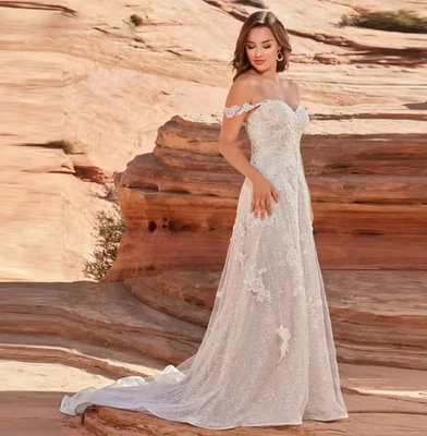 Glittering Wedding Dress A Line Off the Shoulder Buttons Sweetheart Appliques - Image 1 of 4