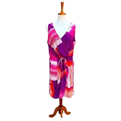 DKNY Jeans Women’s XL Striped Faux Wrap Colorful Satin Sleeveless Mini Dress NWT - Image 1 of 4