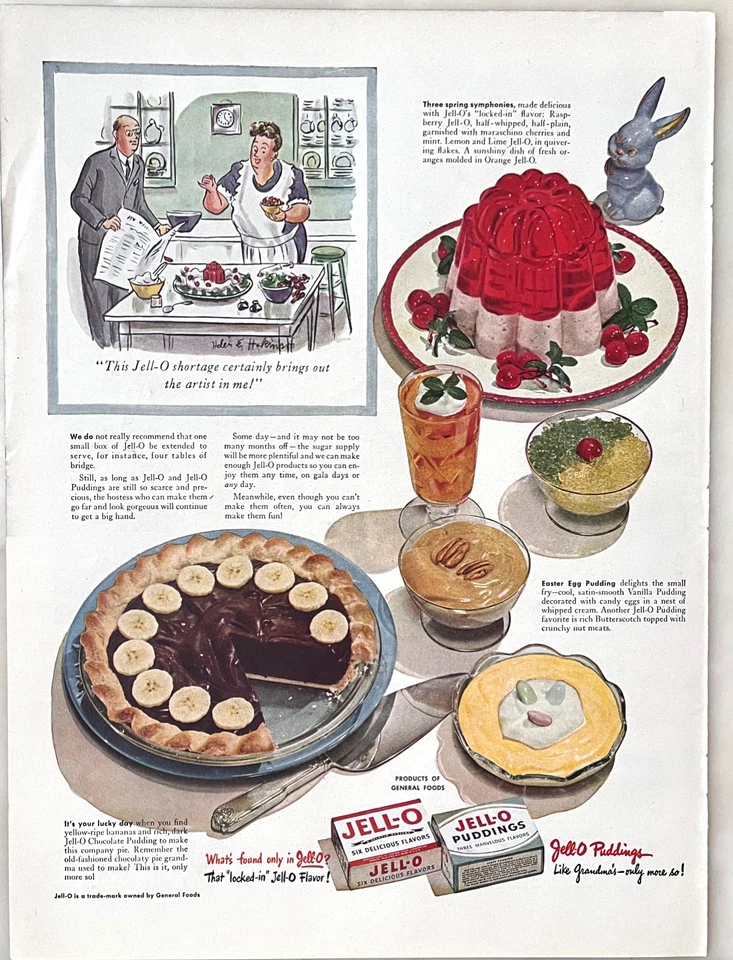 Anuncio de revista 1946 para Jell-O - Recetas de primavera con JELL-O, dibujos animados de Helen Hokinson Foto 1 de 1
