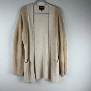 Cardigan piccolo Something Navy Tan beige bloccato linea lunga aperto davanti misto lana - Foto 1 di 4